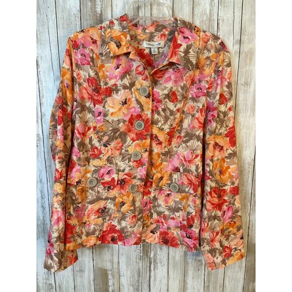 Coldwater Creek Pink Orange Floral Print Jacket Yellow Check Lining Size 14 NWT - Picture 1 of 10